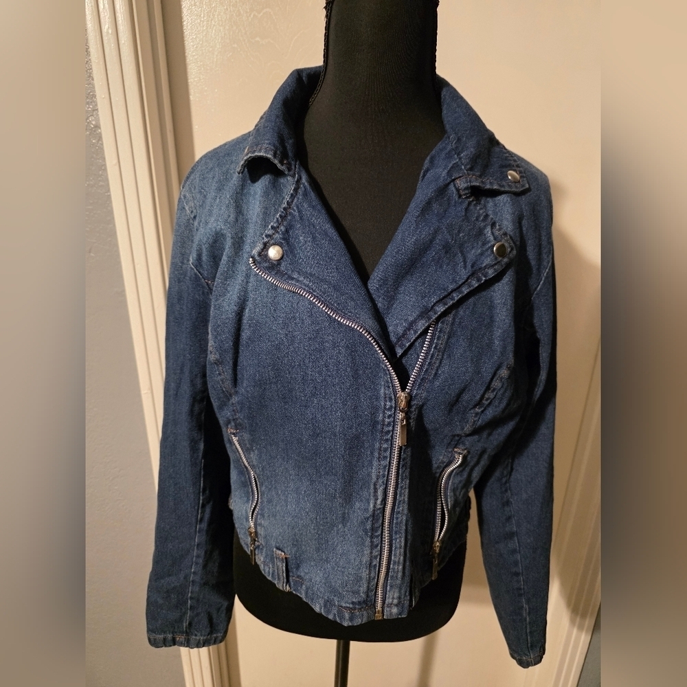 New Look Blue Denim 100% Cotton Moto Style Jacket Size L